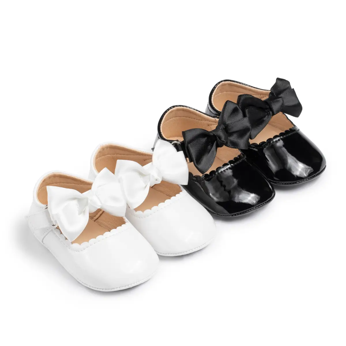 Baby Bow Shoes Black White 0-1Yr Rubber Sole