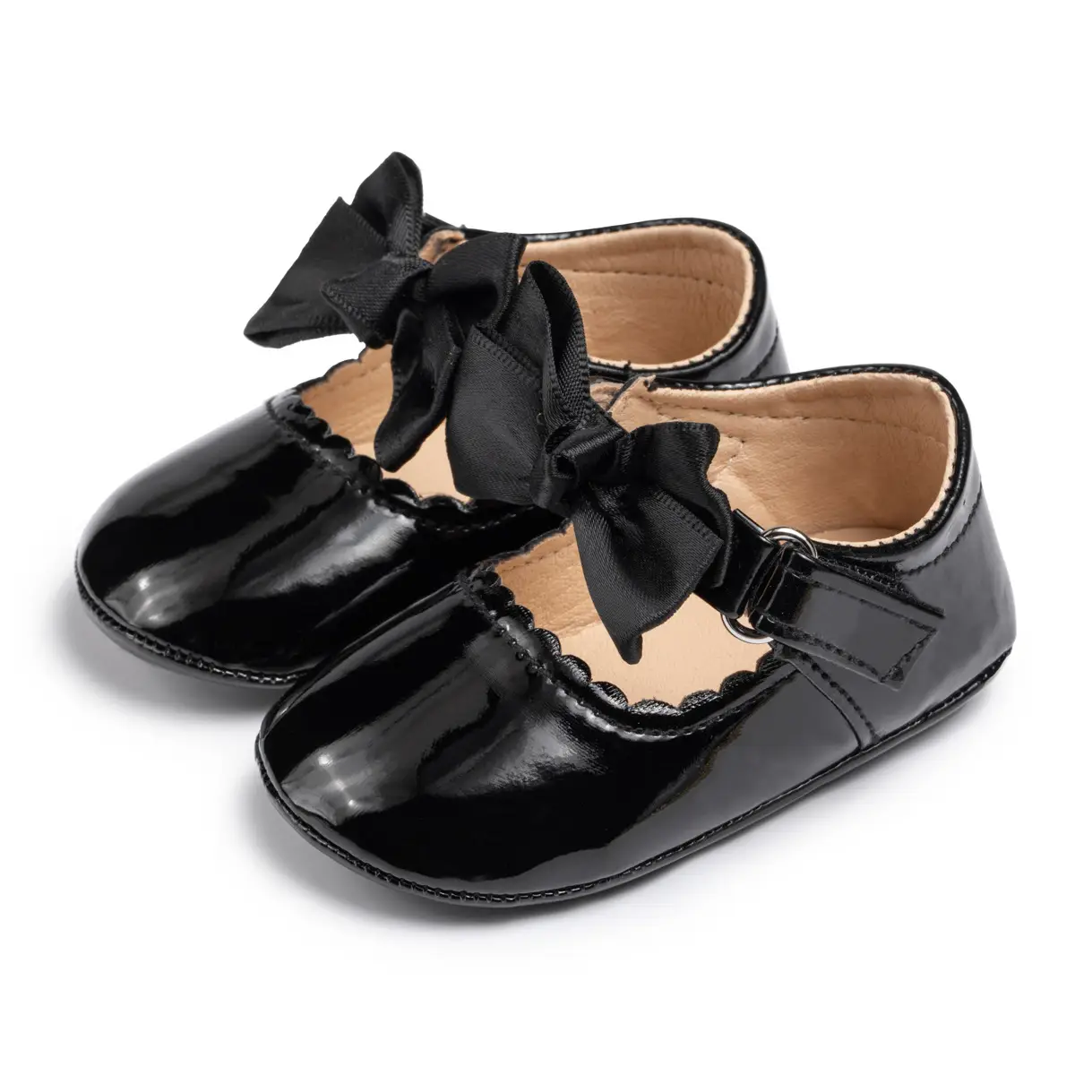 Baby Bow Shoes Black White 0-1Yr Rubber Sole