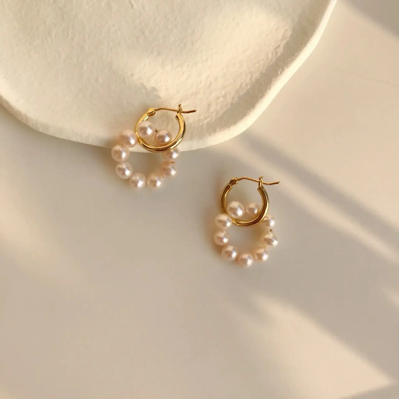 14k Gold Pearl Earrings Retro French Style