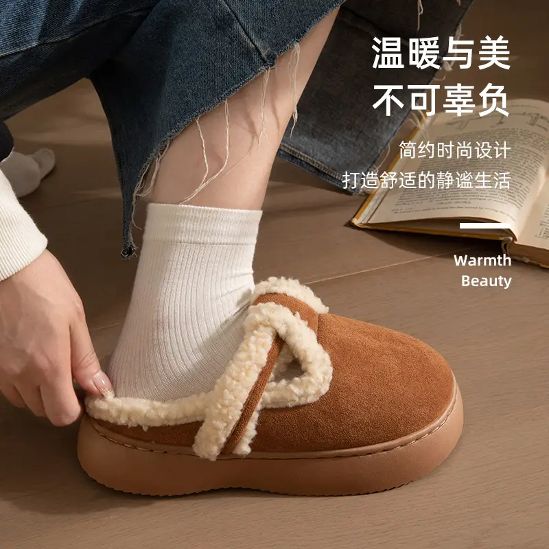 Wholesale cotton slippers women's autumn and winter suede Internet celebrity ins trendy all-match warm fleece-lined outer wear thick bottom closed toe woolen slippers - Image 6