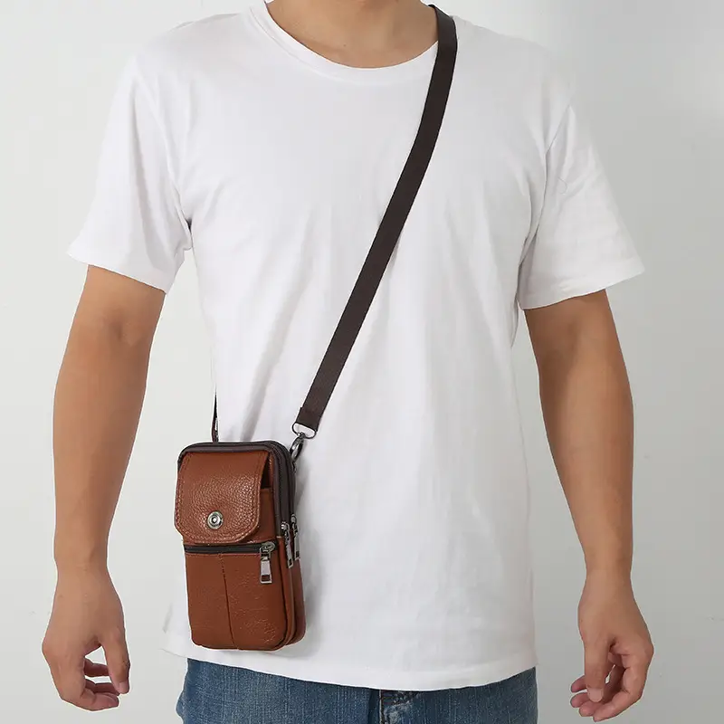 Men's Brown Leather Crossbody Phone Bag with Zipper Compartment - Image 4