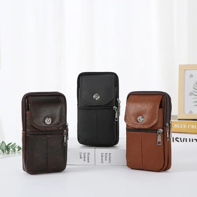 Men's Brown Leather Crossbody Phone Bag with Zipper Compartment - Image 5