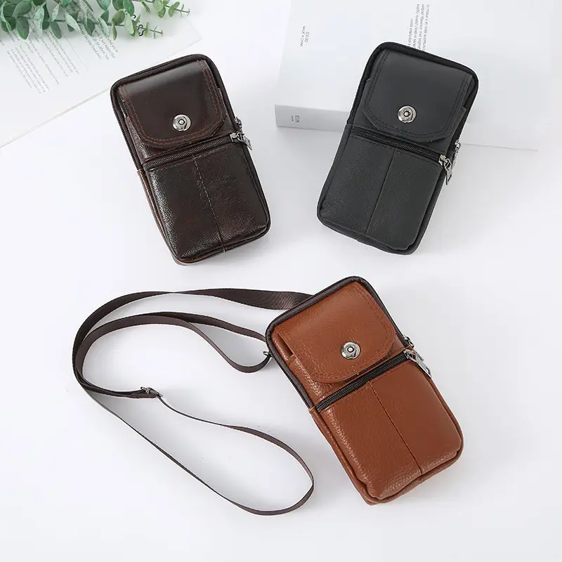 Men's Brown Leather Crossbody Phone Bag with Zipper Compartment - Image 6