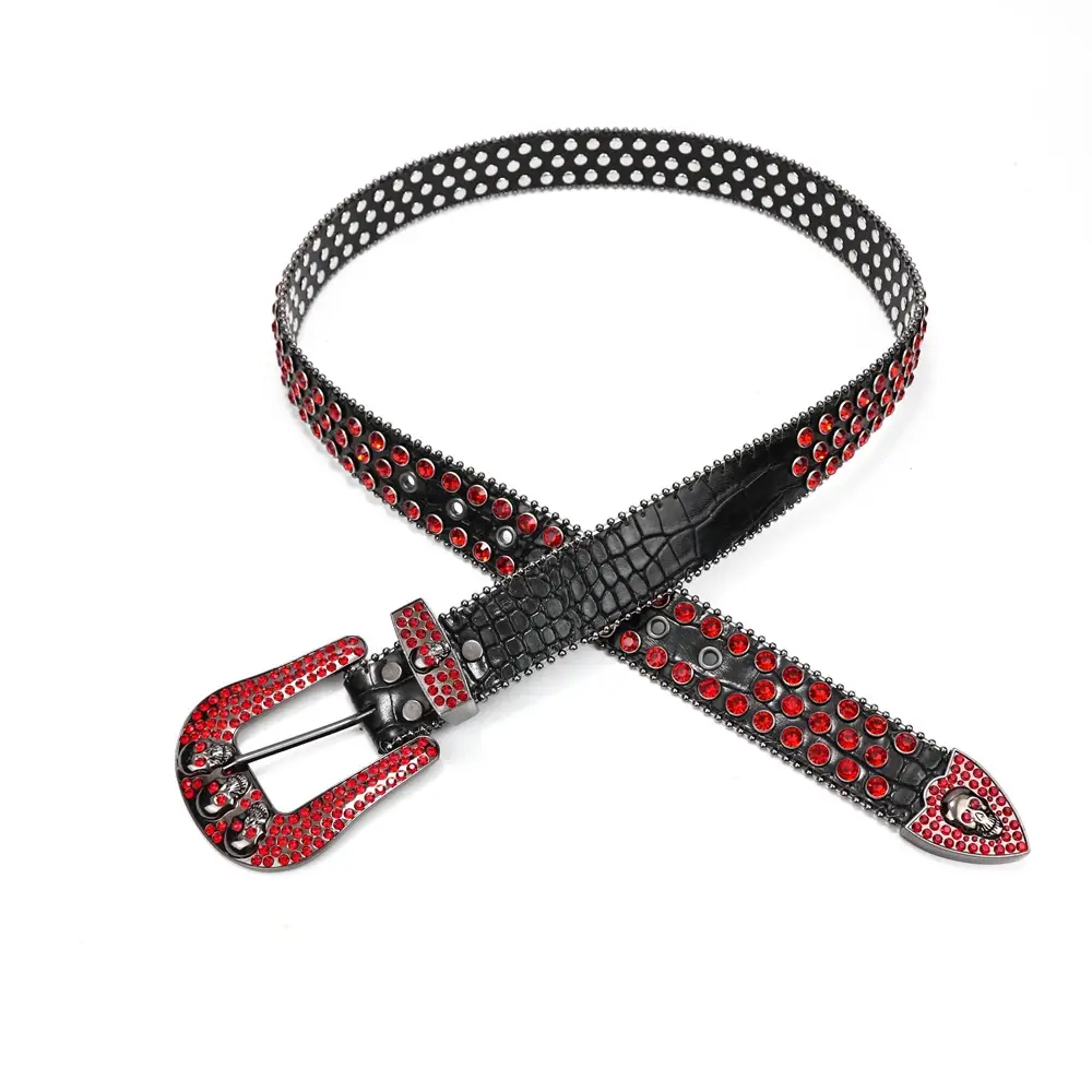 Women's Punk Diamond Pearl Belt Black Red β feature 36