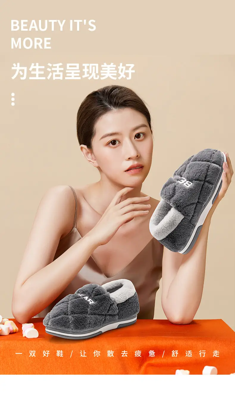 Women's cotton slippers winter covered heel indoor home warm Men's fleece-lined household wool cotton shoes women's outer wear winter — feature 3