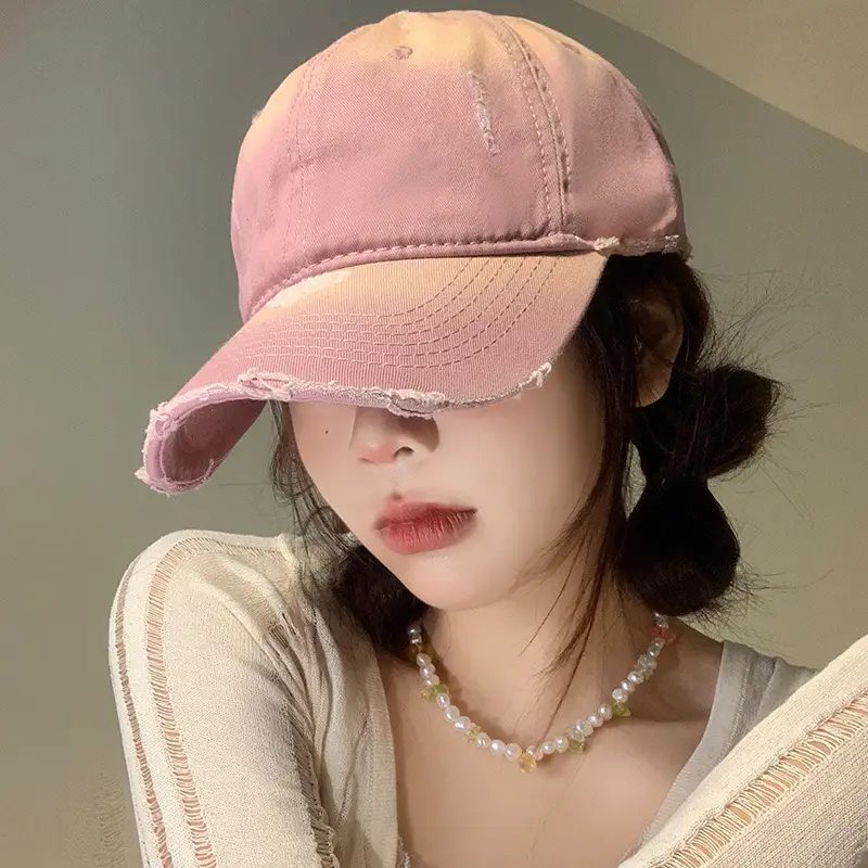 Pink Women's American-style Peaked Cap with Ripped Wide Brim - Image 7