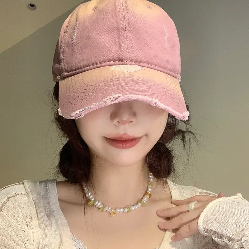 Pink Women's American-style Peaked Cap with Ripped Wide Brim - Image 8