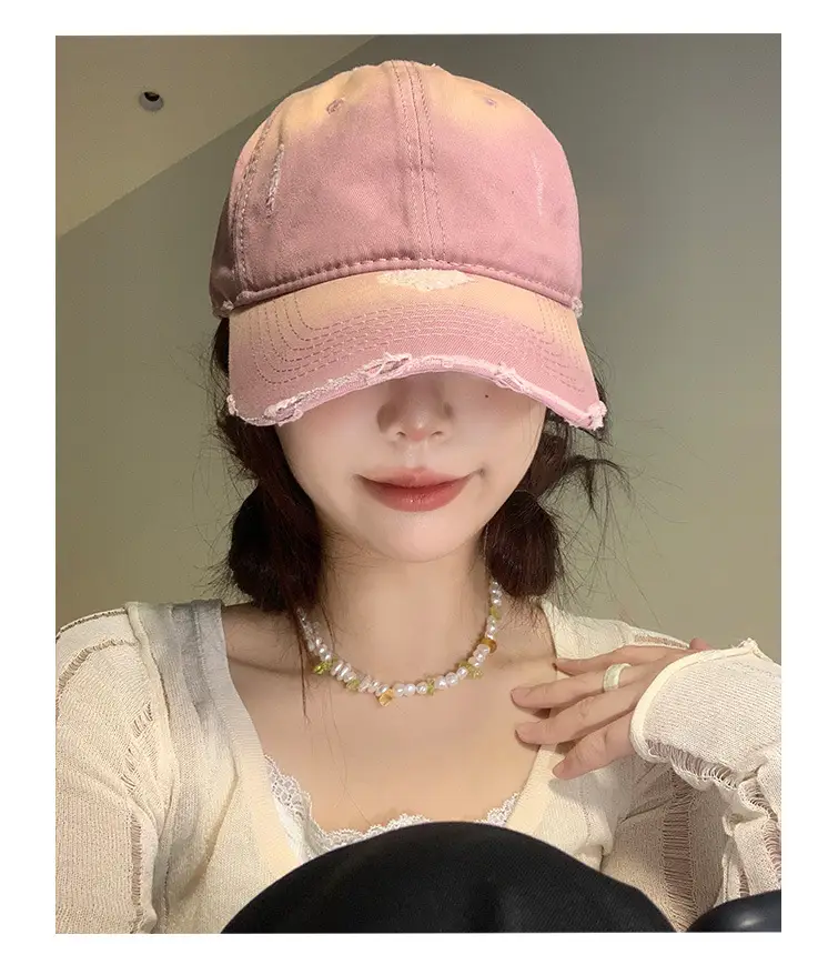 Pink Women's American-style Peaked Cap with Ripped Wide Brim — feature 9