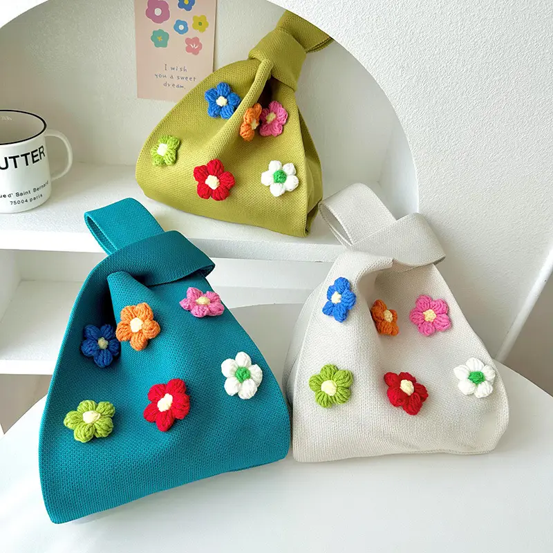 Cute Flower Knitted Shoulder Bag for Women Red Black - Image 7