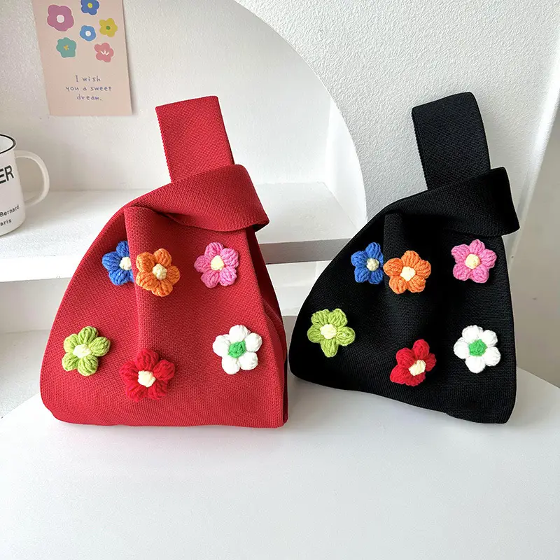 Cute Flower Knitted Shoulder Bag for Women Red Black - Image 9