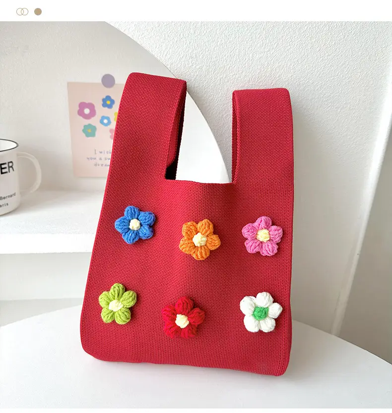 Cute Flower Knitted Shoulder Bag for Women Red Black — feature 9