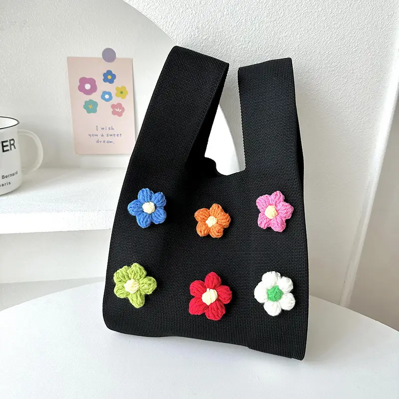 Cute Flower Knitted Shoulder Bag for Women Red Black - Image 3