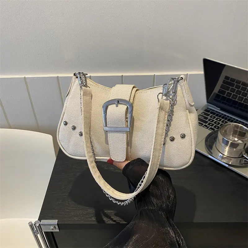 Blue Canvas Shoulder Messenger Bag with Chain Strap for Women - Image 4