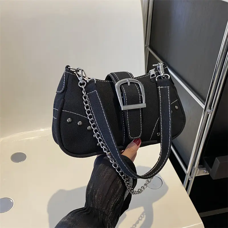Blue Canvas Shoulder Messenger Bag with Chain Strap for Women - Image 5