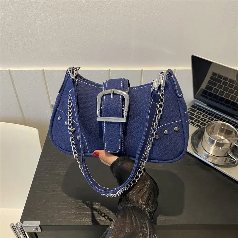Blue Canvas Shoulder Messenger Bag with Chain Strap for Women - Image 6