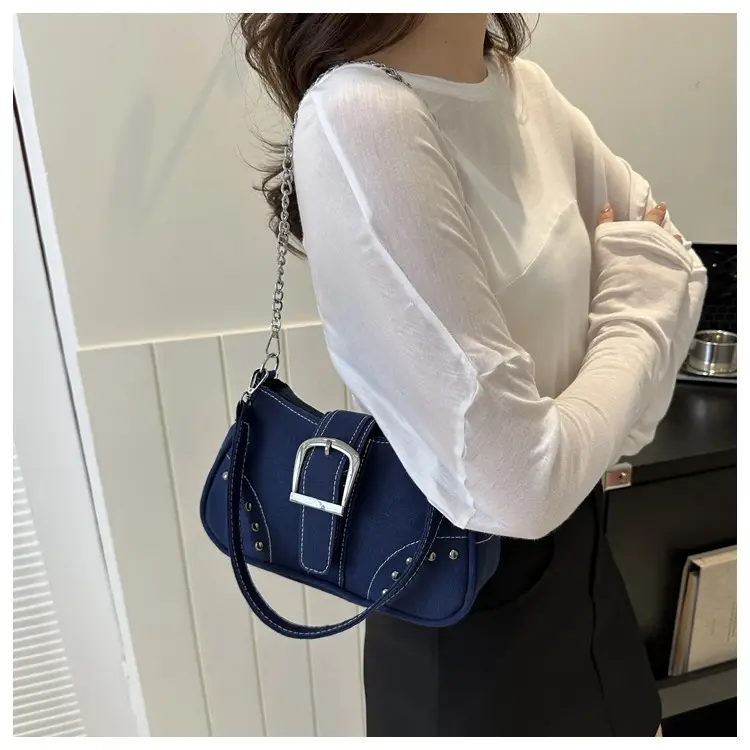 Blue Canvas Shoulder Messenger Bag with Chain Strap for Women — feature 10