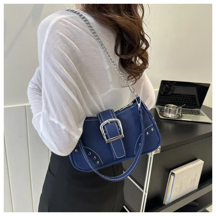 Blue Canvas Shoulder Messenger Bag with Chain Strap for Women — feature 11