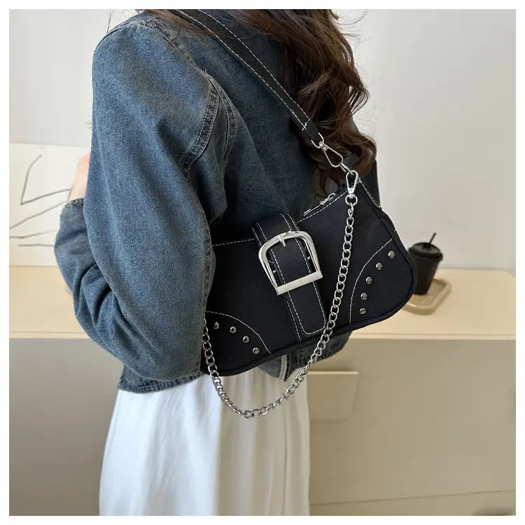 Blue Canvas Shoulder Messenger Bag with Chain Strap for Women — feature 12