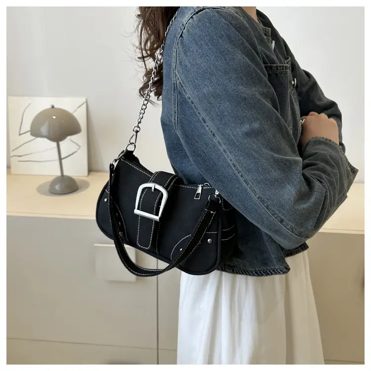 Blue Canvas Shoulder Messenger Bag with Chain Strap for Women — feature 13