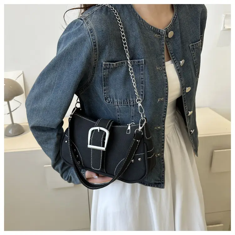 Blue Canvas Shoulder Messenger Bag with Chain Strap for Women — feature 14