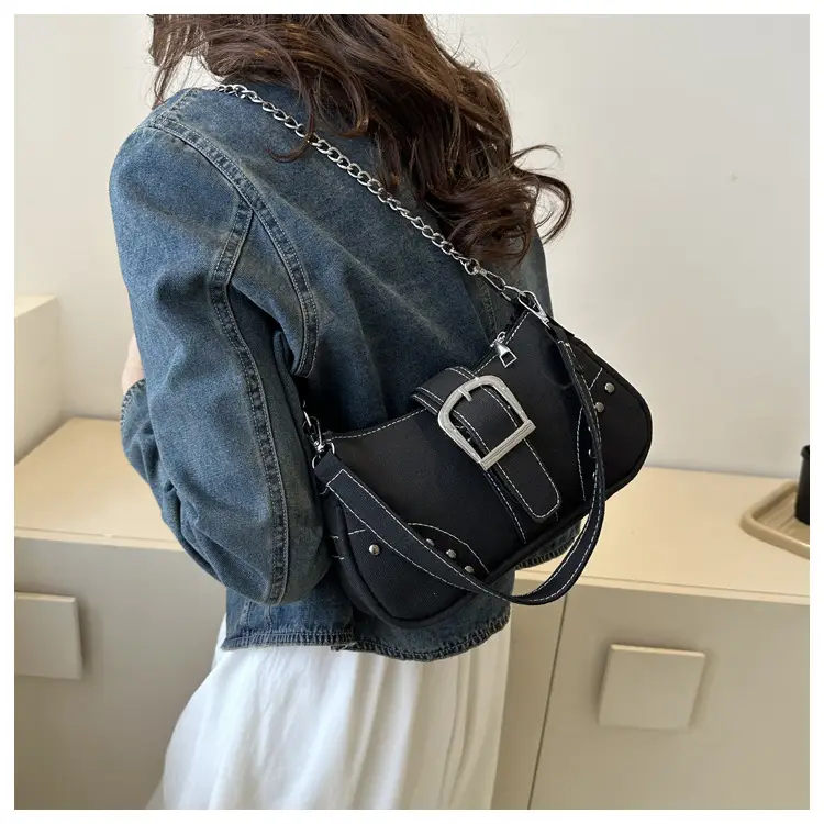 Blue Canvas Shoulder Messenger Bag with Chain Strap for Women — feature 15