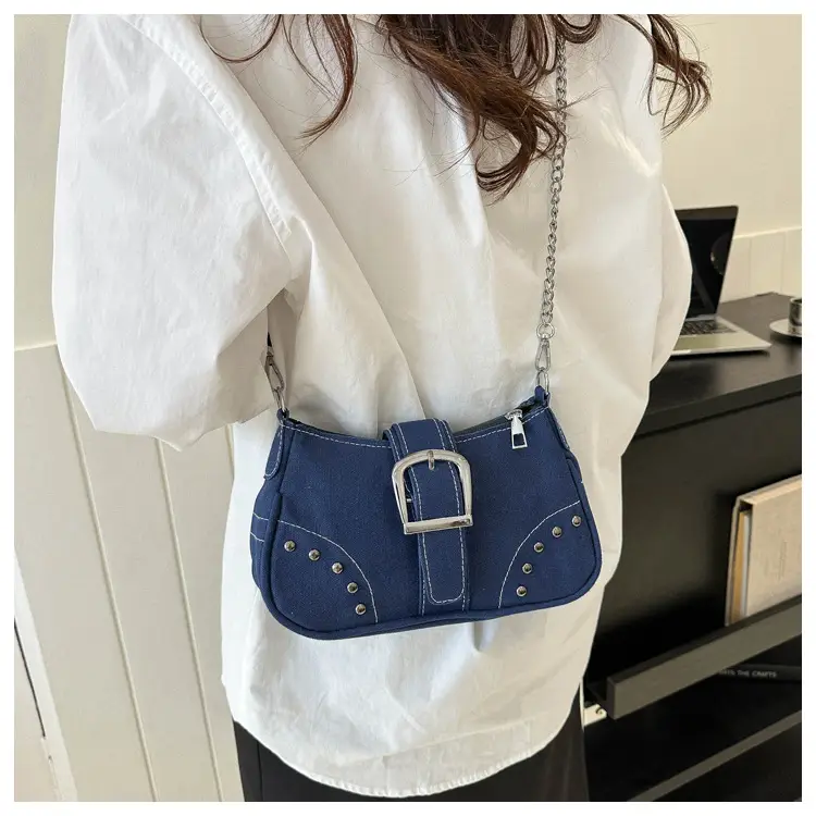 Blue Canvas Shoulder Messenger Bag with Chain Strap for Women — feature 20