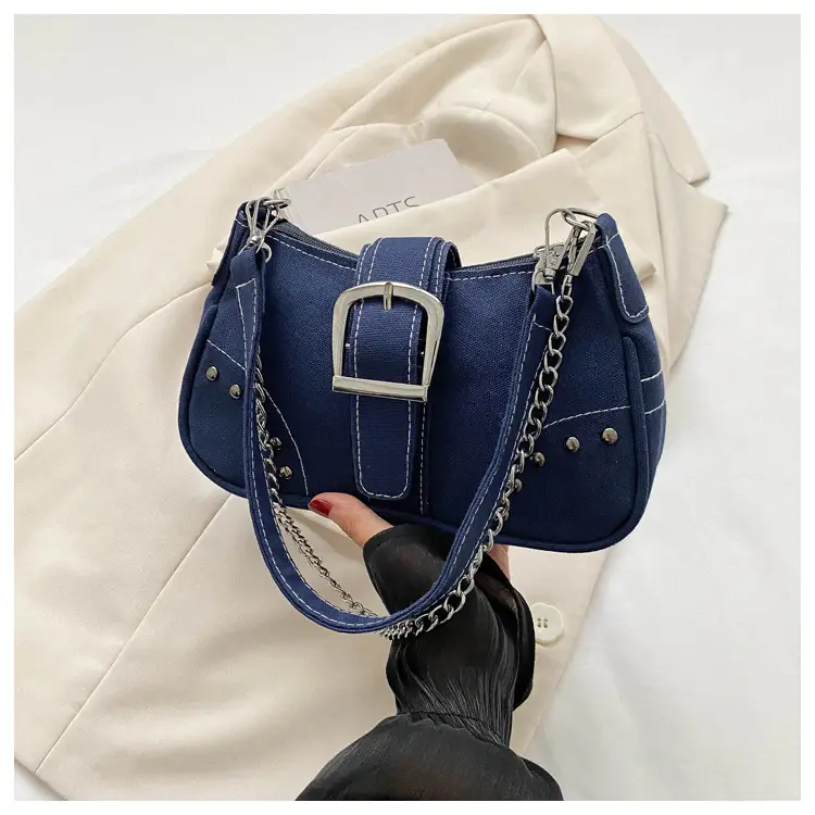 Blue Canvas Shoulder Messenger Bag with Chain Strap for Women — feature 28