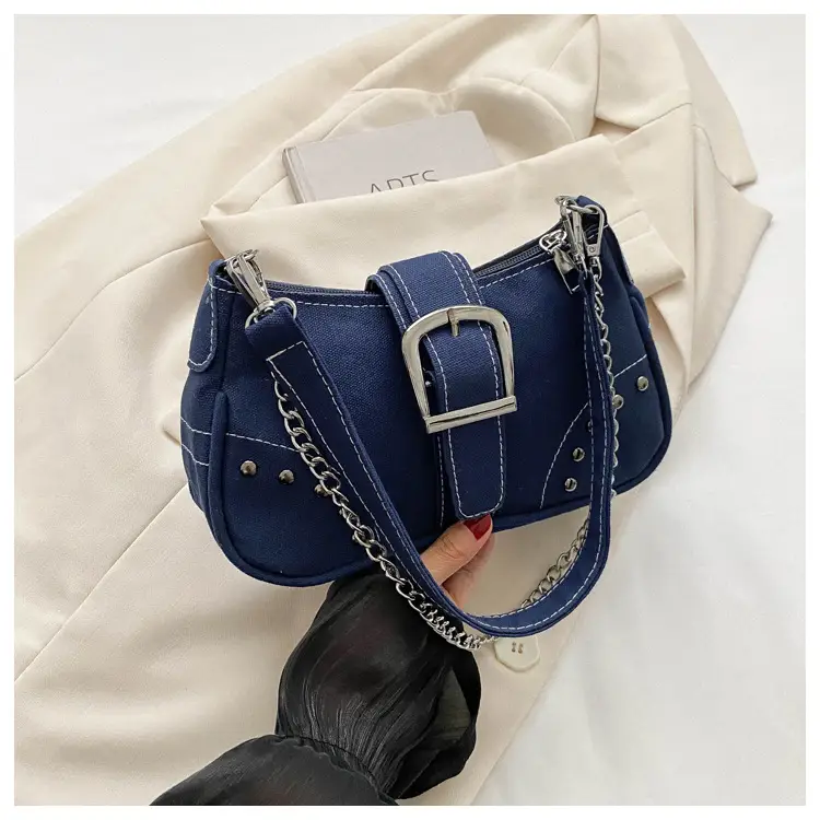 Blue Canvas Shoulder Messenger Bag with Chain Strap for Women — feature 29