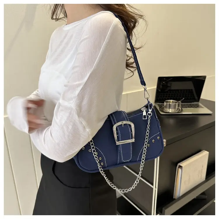 Blue Canvas Shoulder Messenger Bag with Chain Strap for Women — feature 9