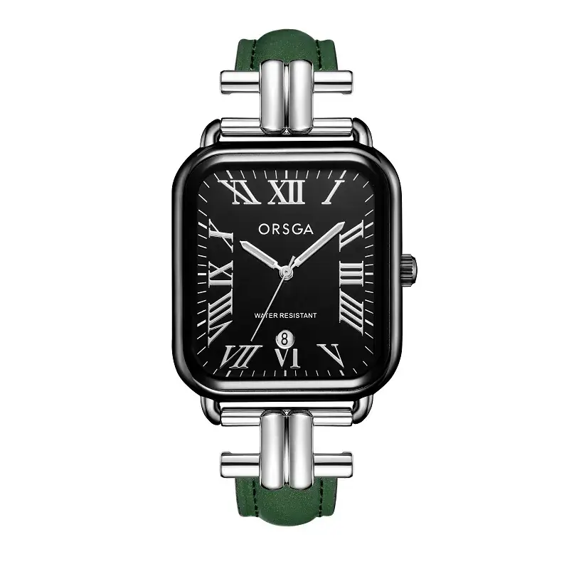 Oshga Women's Green Leather Watch with Calendar