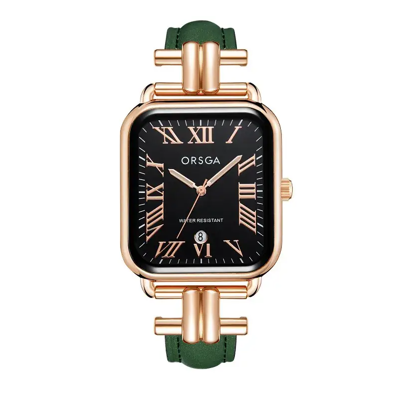 Oshga Women's Green Leather Watch with Calendar