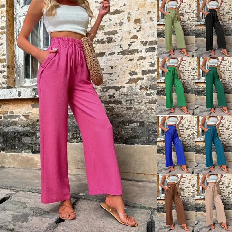 Women's Elastic High Waist Loose Pants Teal - Image 10