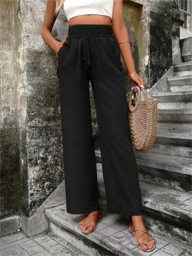 Women's Elastic High Waist Loose Pants Teal — feature 10