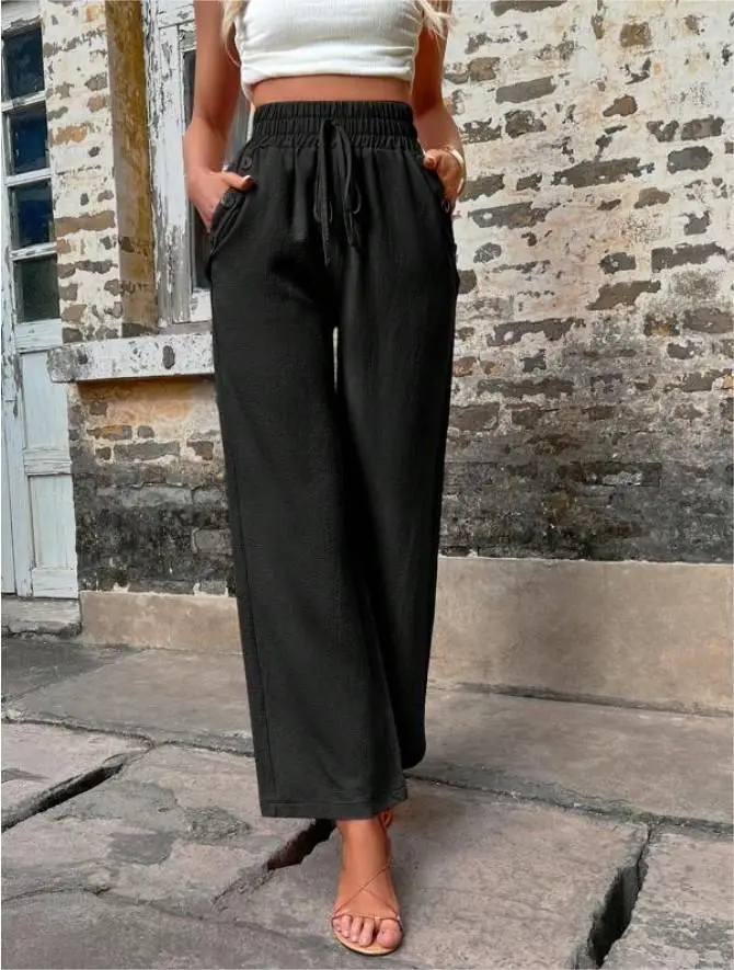 Women's Elastic High Waist Loose Pants Teal — feature 11