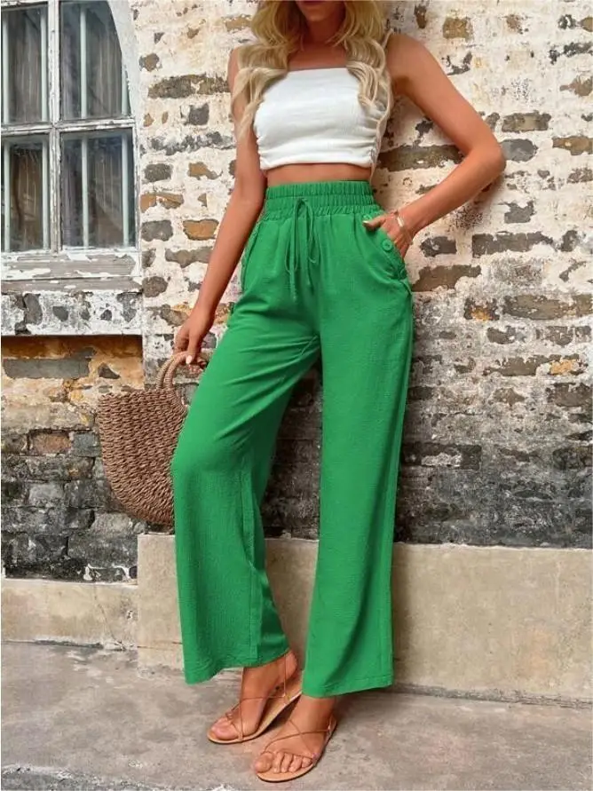 Women's Elastic High Waist Loose Pants Teal — feature 21