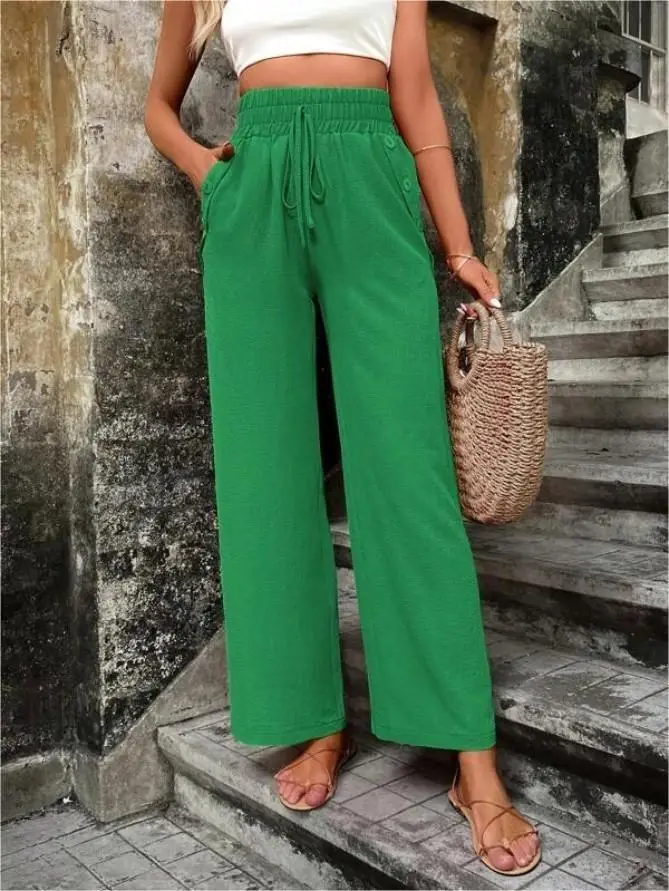 Women's Elastic High Waist Loose Pants Teal — feature 22
