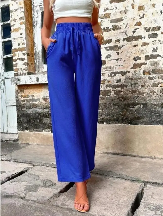 Women's Elastic High Waist Loose Pants Teal — feature 26
