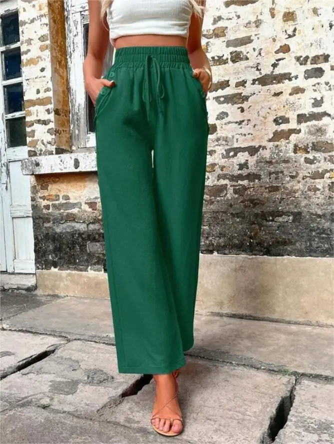 Women's Elastic High Waist Loose Pants Teal — feature 29