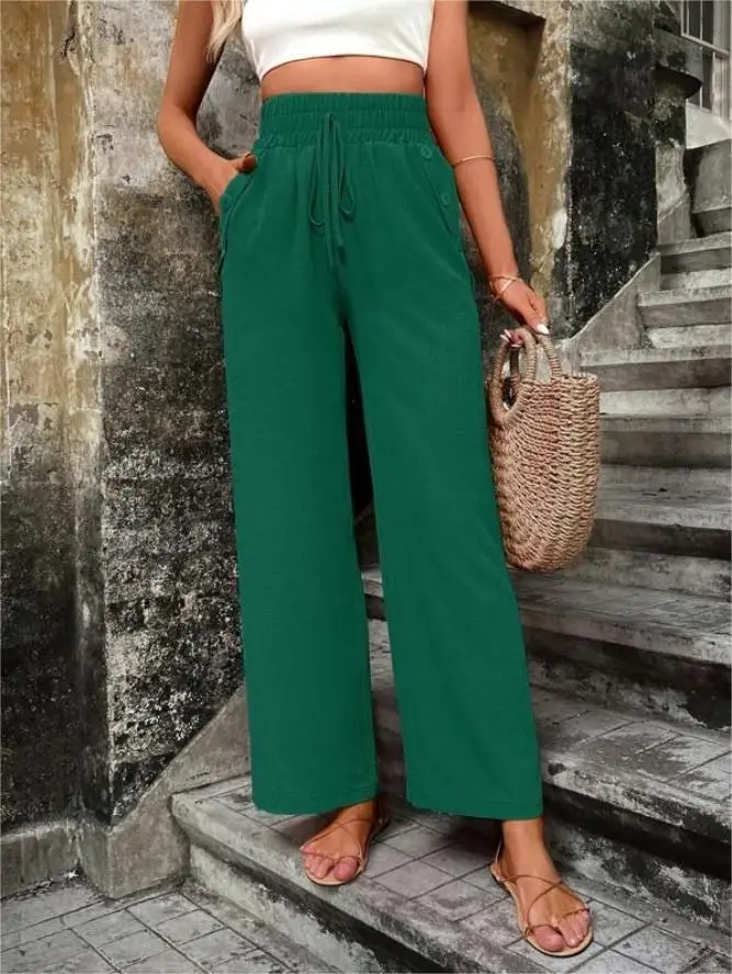 Women's Elastic High Waist Loose Pants Teal — feature 30