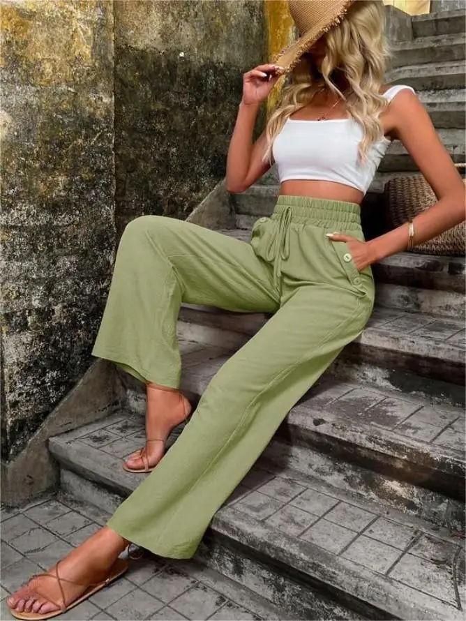 Women's Elastic High Waist Loose Pants Teal — feature 34