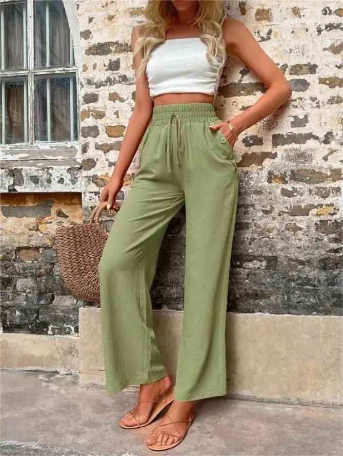 Women's Elastic High Waist Loose Pants Teal — feature 35
