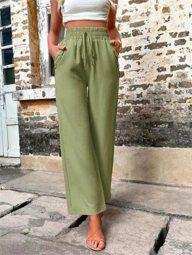 Women's Elastic High Waist Loose Pants Teal — feature 36