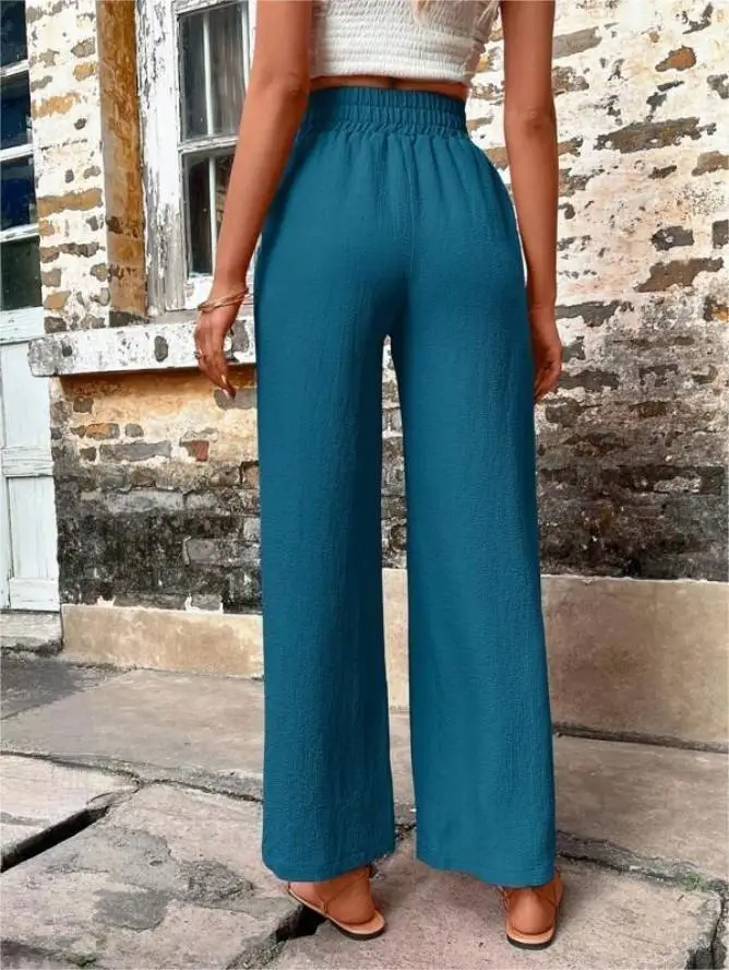 Women's Elastic High Waist Loose Pants Teal — feature 38