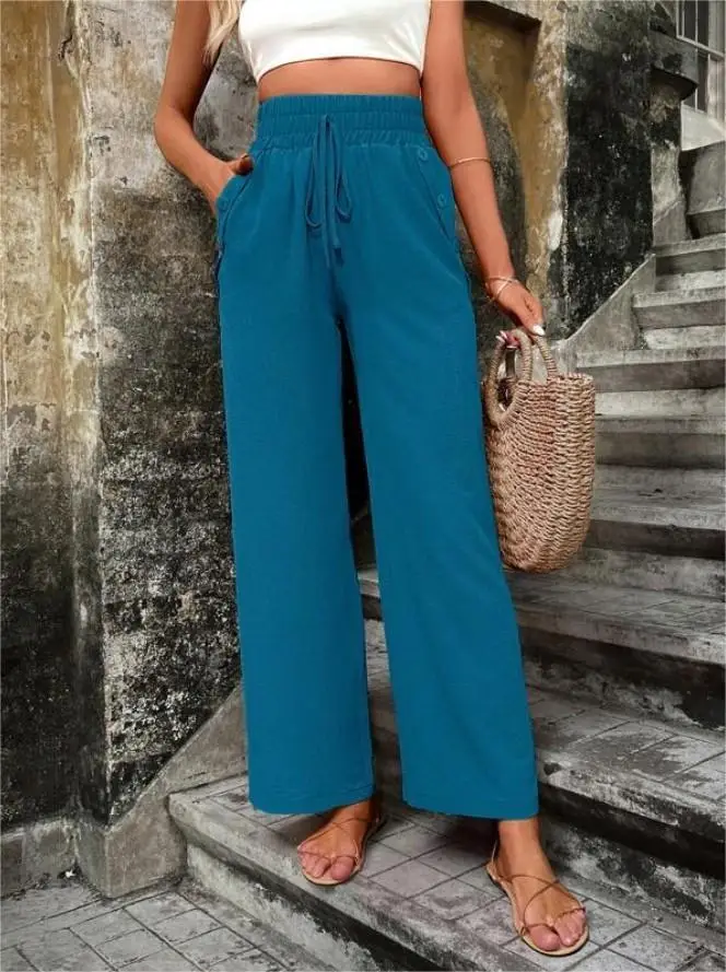 Women's Elastic High Waist Loose Pants Teal — feature 39