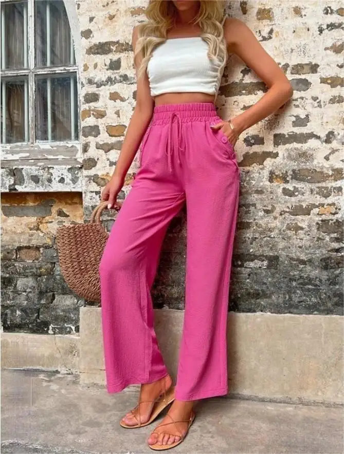 Women's Elastic High Waist Loose Pants Teal — feature 6