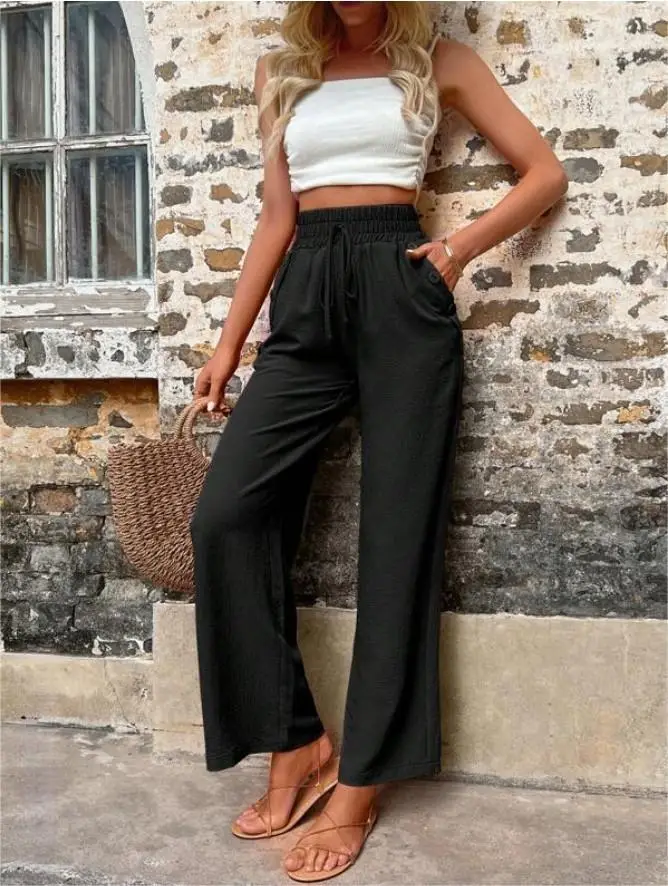 Women's Elastic High Waist Loose Pants Teal — feature 9