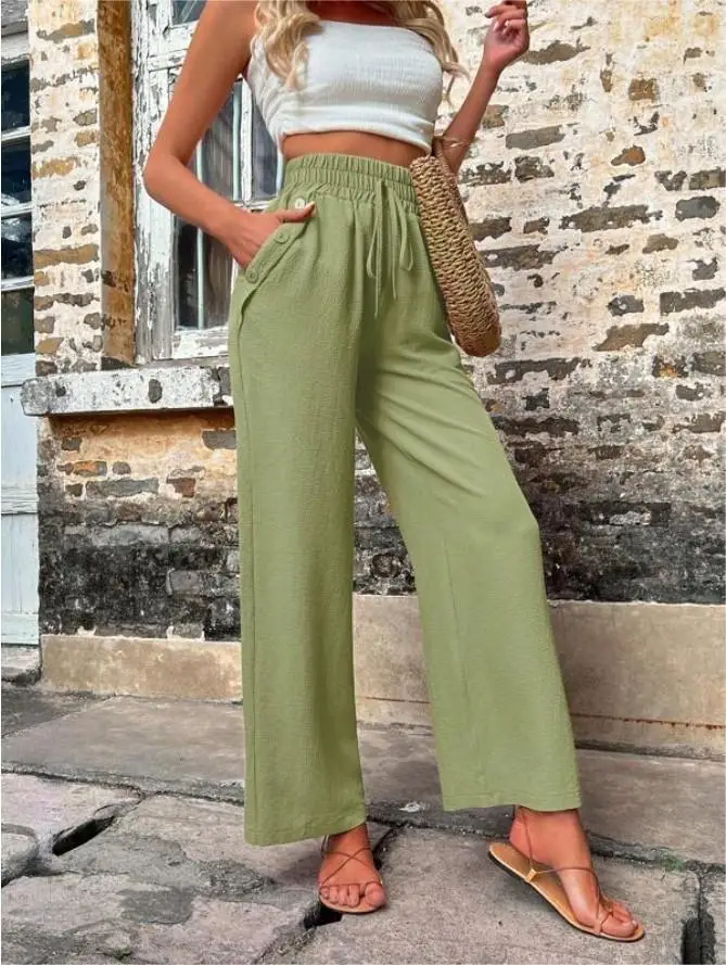 Women's Elastic High Waist Loose Pants Teal - Image 2