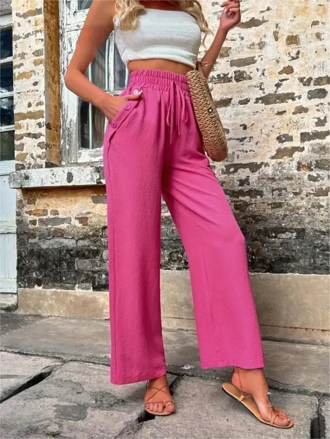 Women's Elastic High Waist Loose Pants Teal - Image 3