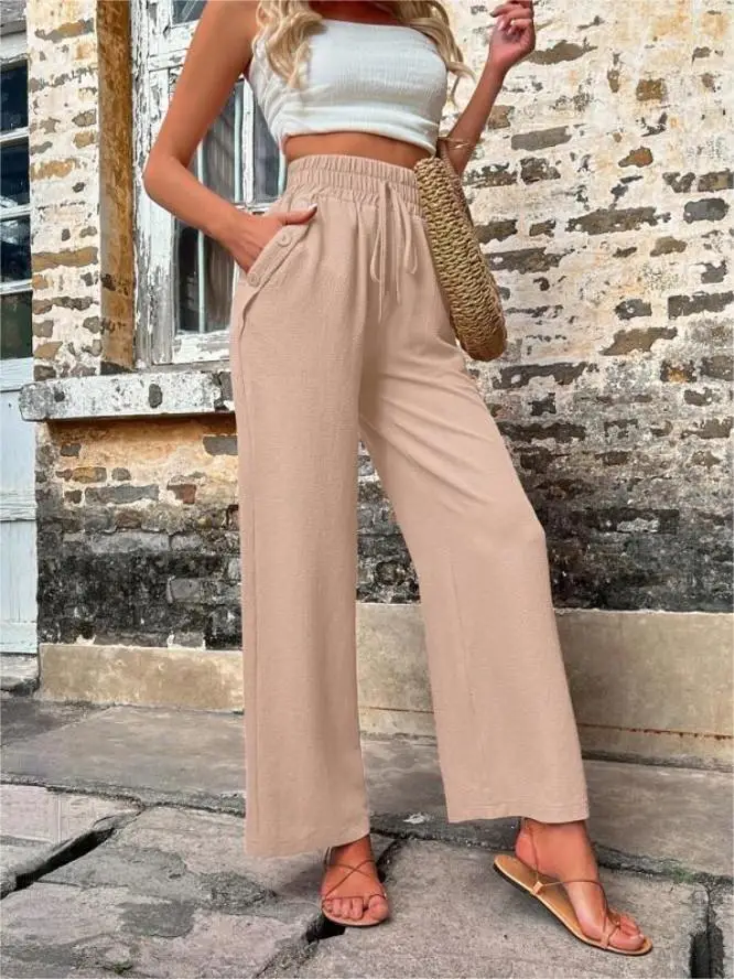 Women's Elastic High Waist Loose Pants Teal - Image 4