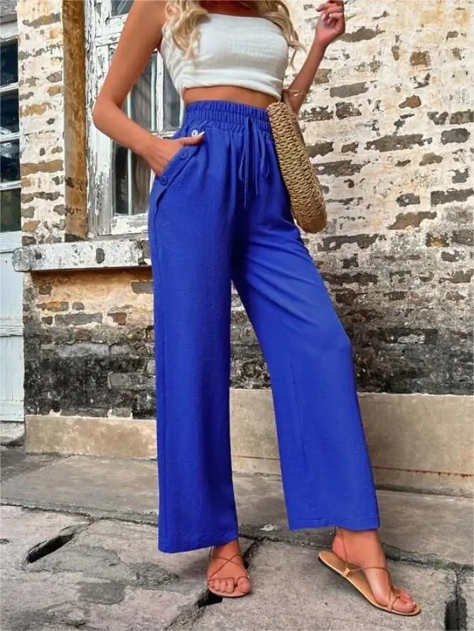 Women's Elastic High Waist Loose Pants Teal - Image 6